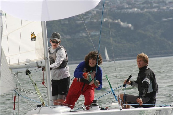 Second place getters (L to R) Tim Coltman, Josh Porebski, Josh Junior - New Zealand Youth Match Racing National Championships © Dean Stanley